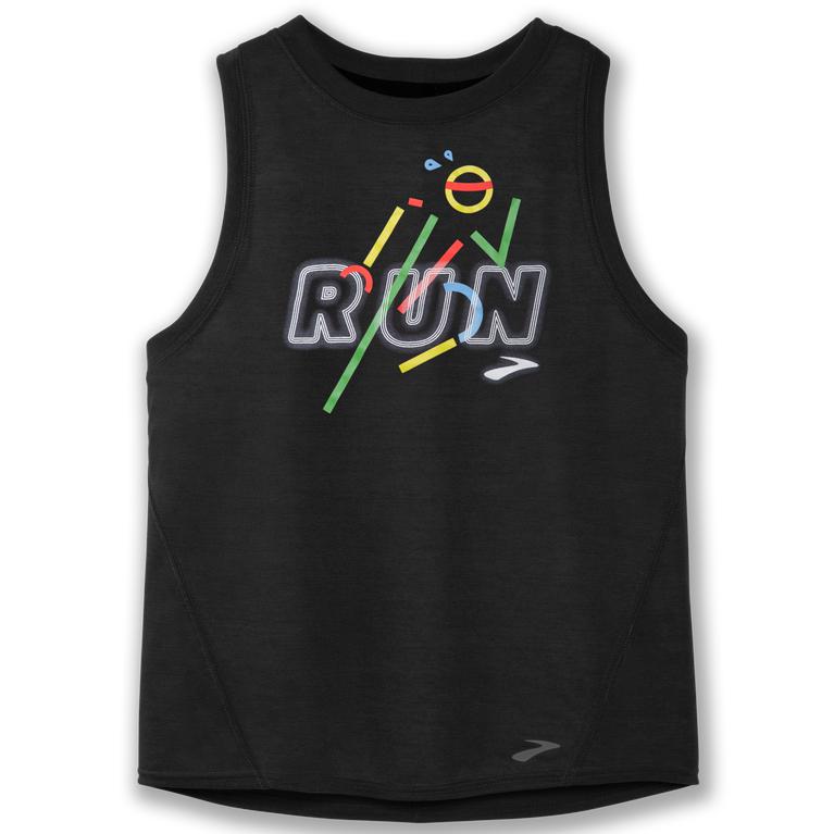 Brooks Womens Distance Graphic Running Tank Top - Black/Run Victory (426035-UHL)